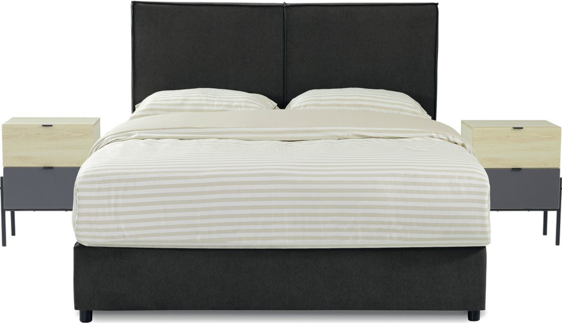 Απεικονίζει Κρεβάτι Διπλό Whisper Interium Σκούρο Γκρι ανάμεσα σε δύο κομοδίνα.